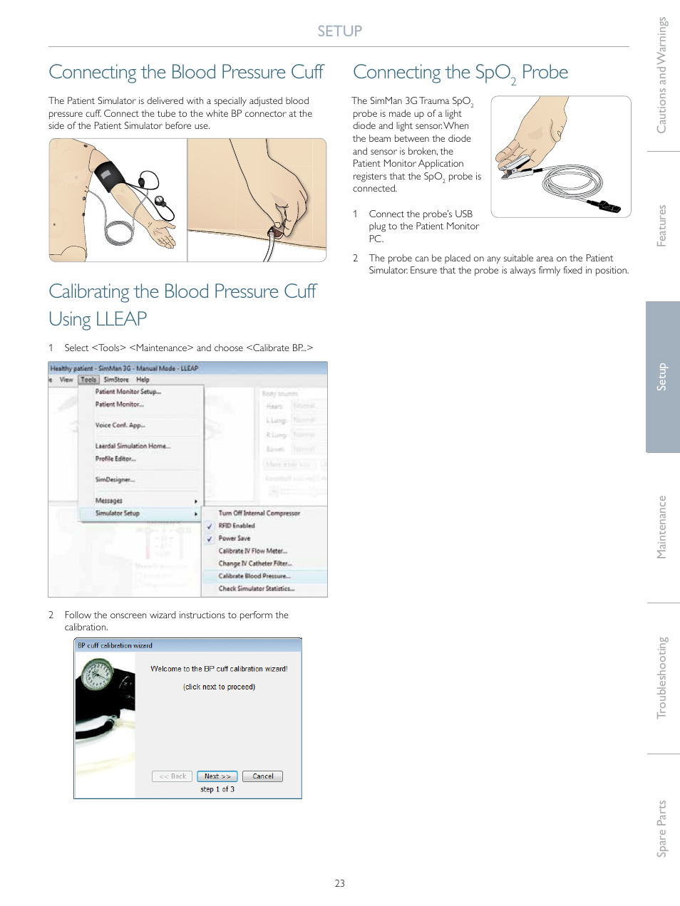 Connecting the blood pressure cuff, Calibrating the blood pressure cuff using lleap, Connecting the spo | Probe, Setup | Laerdal SimMan 3G Trauma User Manual | Page 23 / 46