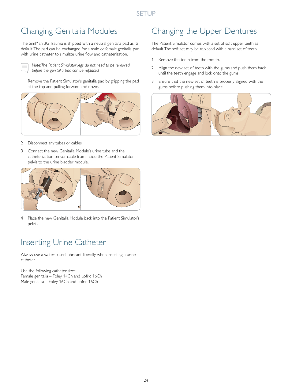 Changing genitalia modules, Inserting urine catheter, Changing the upper dentures | Setup | Laerdal SimMan 3G Trauma User Manual | Page 24 / 46