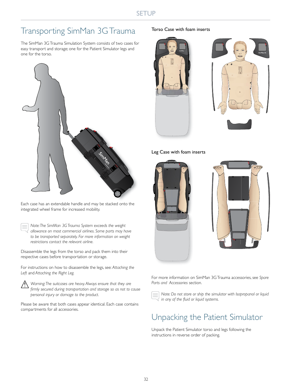 Transporting simman 3g trauma, Unpacking the patient simulator, Setup | Laerdal SimMan 3G Trauma User Manual | Page 32 / 46