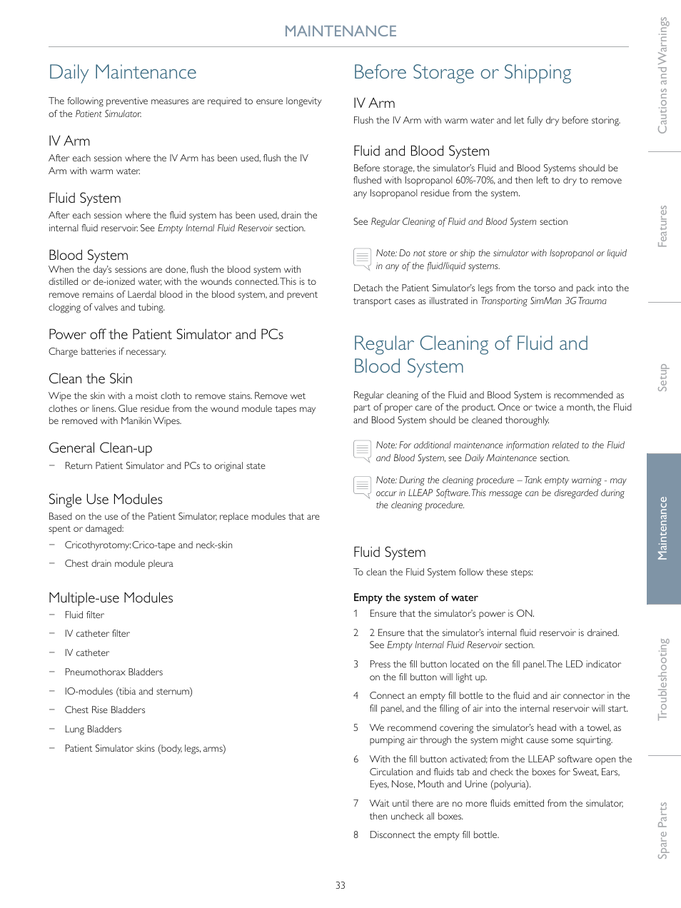 Daily maintenance, Before storage or shipping, Regular cleaning of fluid and blood system | Maintenance, Iv arm, Fluid system, Blood system, Power off the patient simulator and pcs, Clean the skin, General clean-up | Laerdal SimMan 3G Trauma User Manual | Page 33 / 46