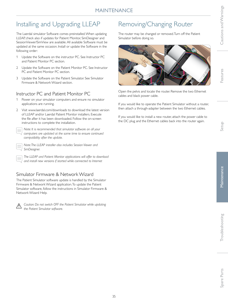 Installing and upgrading lleap, Removing/changing router, Maintenance | Instructor pc and patient monitor pc, Simulator firmware & network wizard | Laerdal SimMan 3G Trauma User Manual | Page 35 / 46