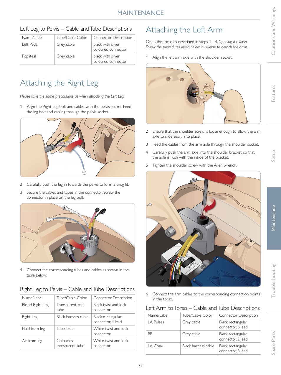 Attaching the right leg, Attaching the left arm, Maintenance | Left leg to pelvis – cable and tube descriptions, Right leg to pelvis – cable and tube descriptions, Left arm to torso – cable and tube descriptions | Laerdal SimMan 3G Trauma User Manual | Page 37 / 46