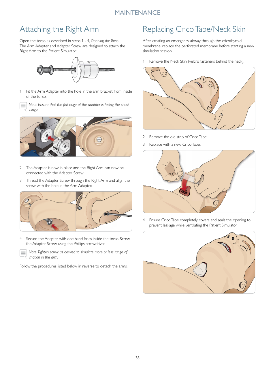 Attaching the right arm, Replacing crico tape/neck skin, Maintenance | Laerdal SimMan 3G Trauma User Manual | Page 38 / 46
