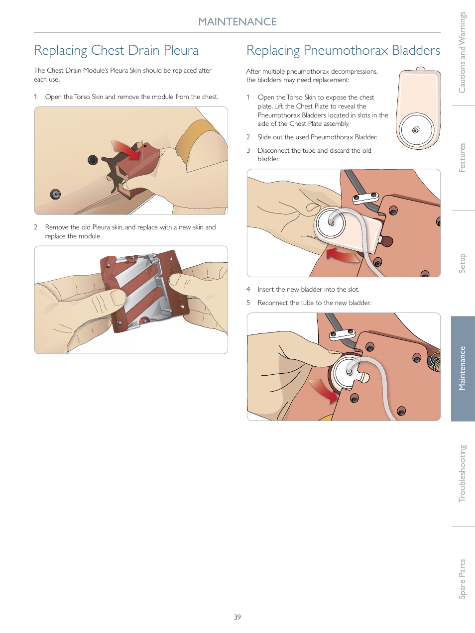 Replacing chest drain pleura, Replacing pneumothorax bladders, Maintenance | Laerdal SimMan 3G Trauma User Manual | Page 39 / 46