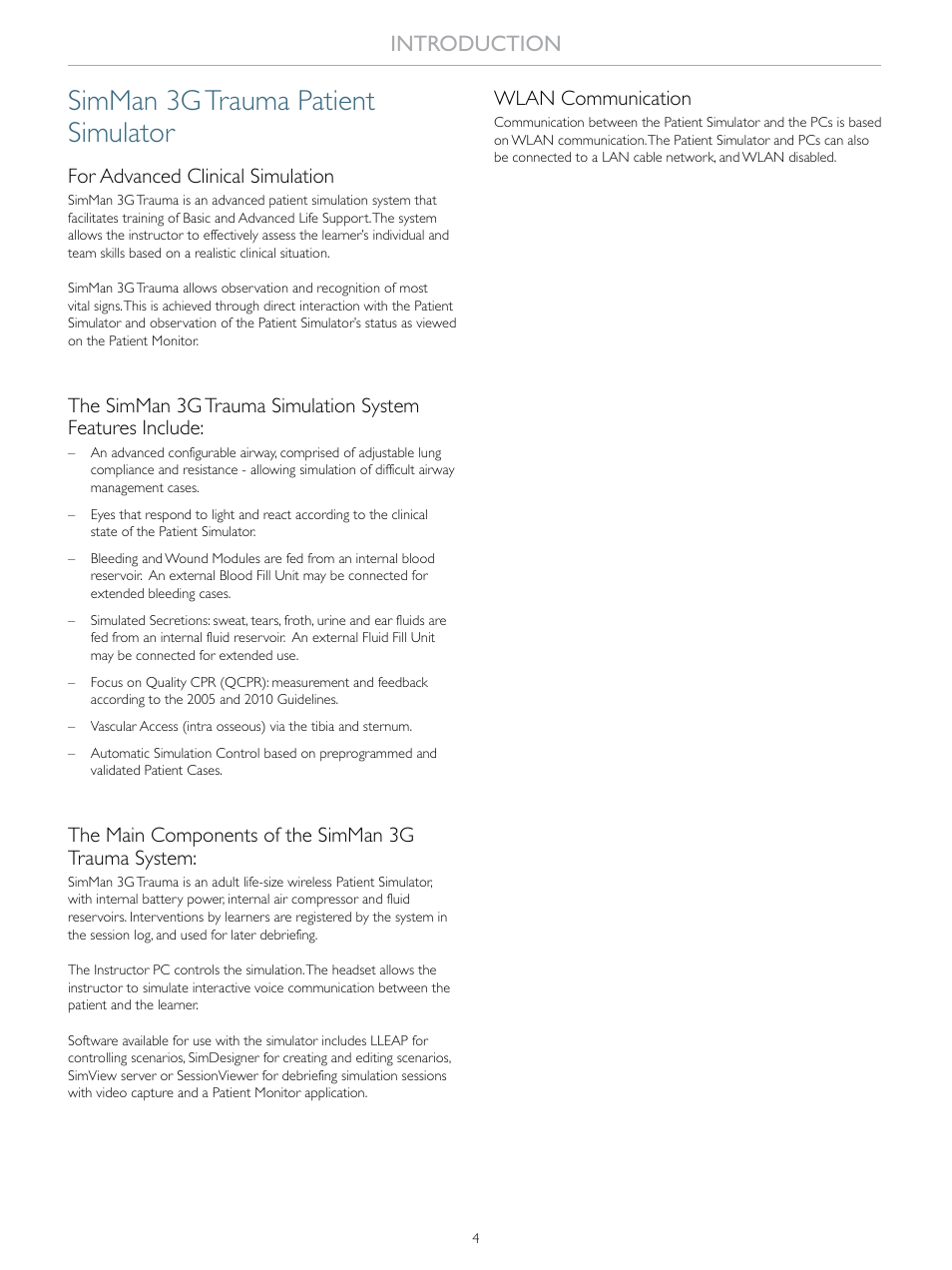 Simman 3g trauma patient simulator, Introduction, For advanced clinical simulation | The main components of the simman 3g trauma system, Wlan communication | Laerdal SimMan 3G Trauma User Manual | Page 4 / 46