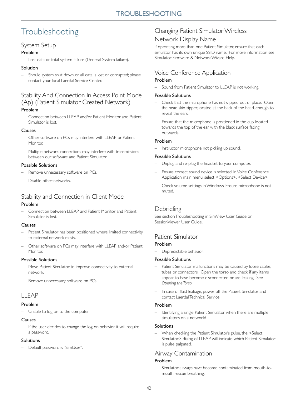 Troubleshooting, System setup, Stability and connection in client mode | Lleap, Voice conference application, Debriefing, Patient simulator, Airway contamination | Laerdal SimMan 3G Trauma User Manual | Page 42 / 46