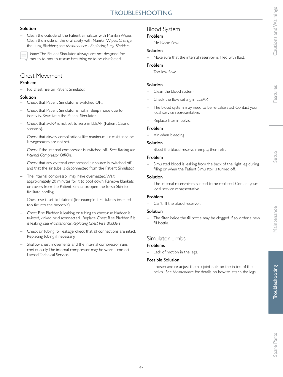 Troubleshooting, Chest movement, Blood system | Simulator limbs | Laerdal SimMan 3G Trauma User Manual | Page 43 / 46