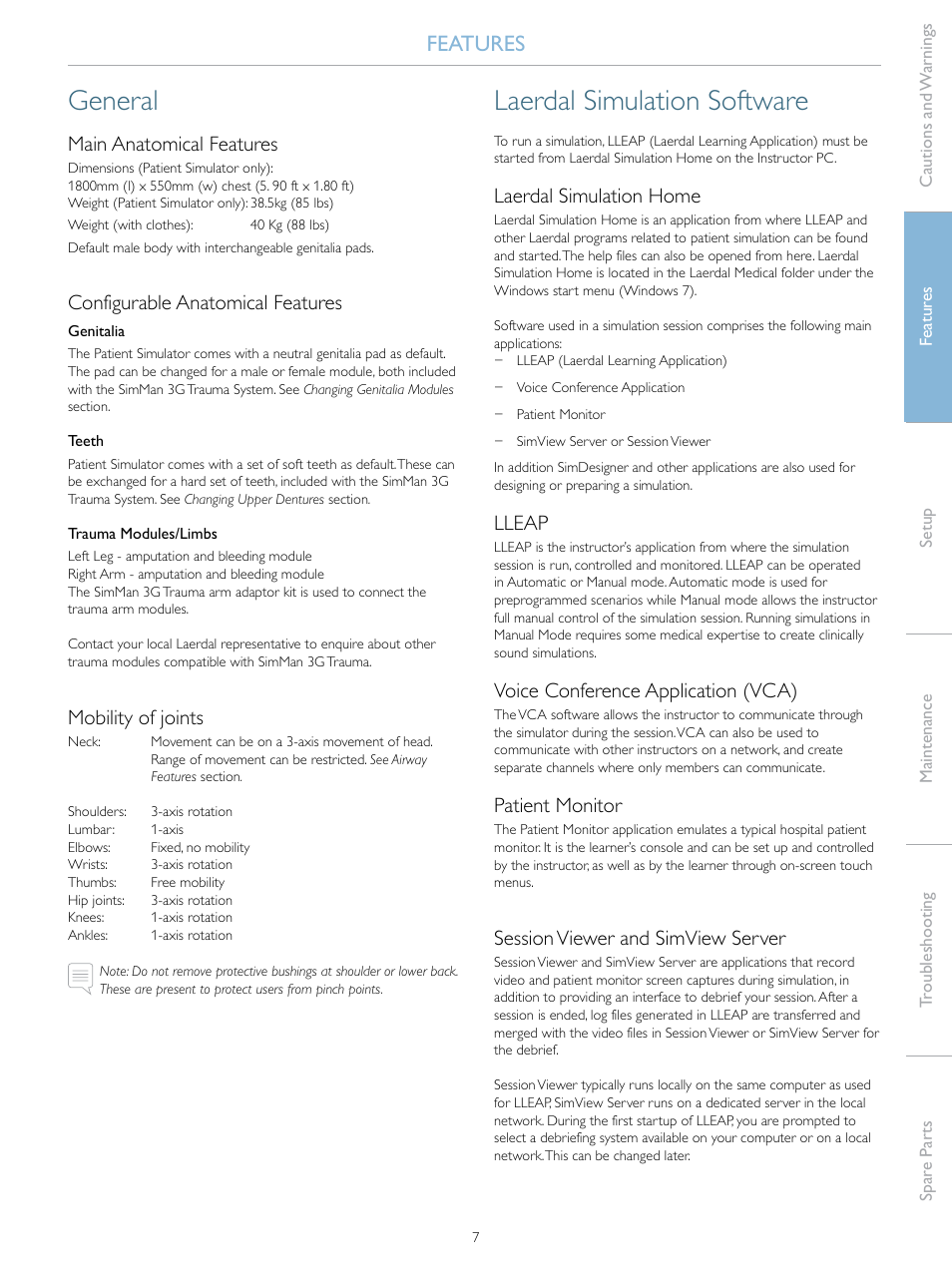 General, Laerdal simulation software, Features | Main anatomical features, Configurable anatomical features, Mobility of joints, Laerdal simulation home, Lleap, Voice conference application (vca), Patient monitor | Laerdal SimMan 3G Trauma User Manual | Page 7 / 46