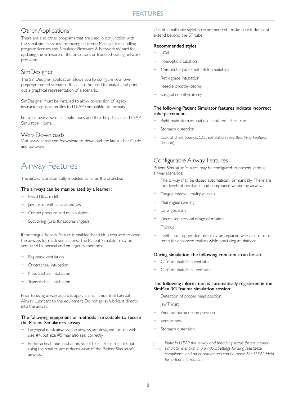 Airway features, Features, Other applications | Simdesigner, Web downloads, Configurable airway features | Laerdal SimMan 3G Trauma User Manual | Page 8 / 46