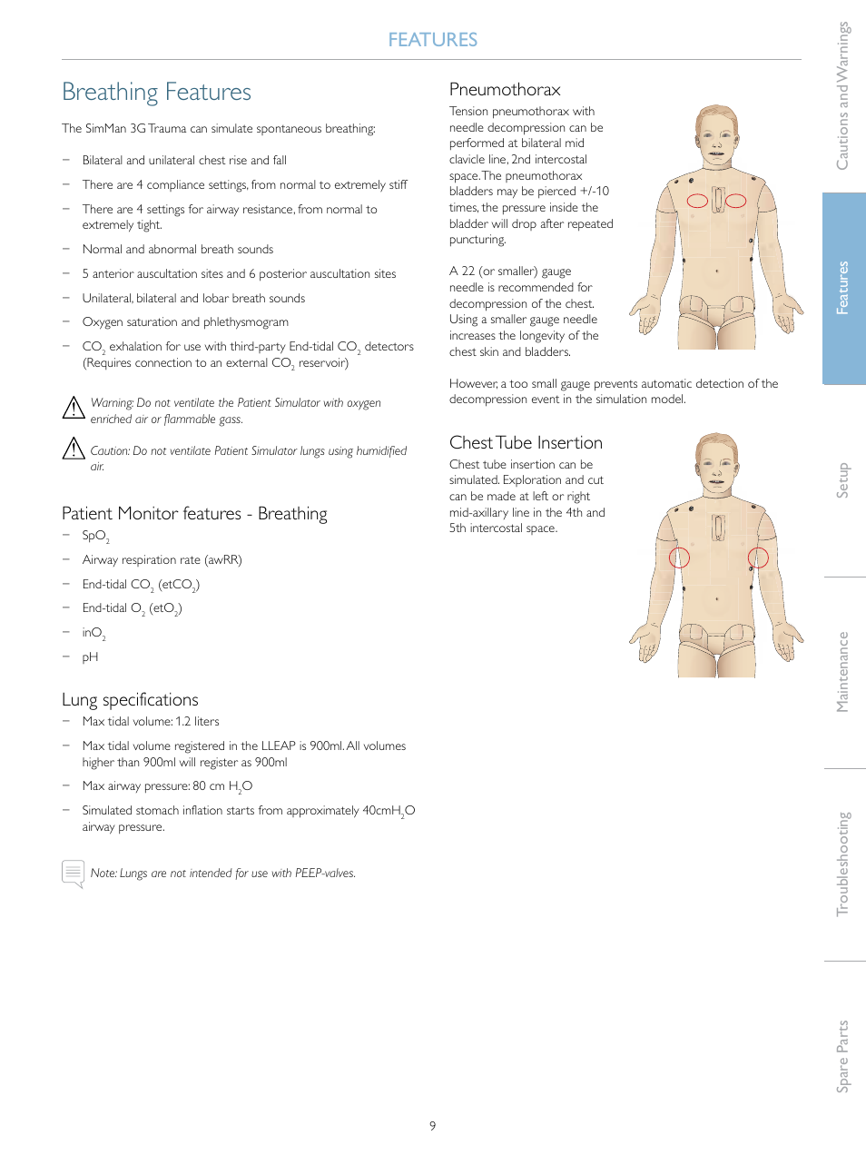 Breathing features, Features, Patient monitor features - breathing | Lung specifications, Pneumothorax, Chest tube insertion | Laerdal SimMan 3G Trauma User Manual | Page 9 / 46
