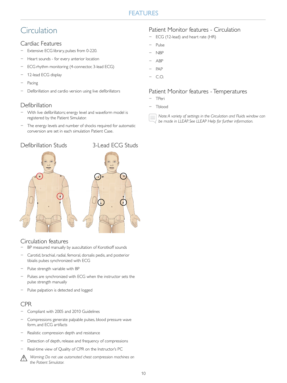 Circulation, Features, Cardiac features | Defibrillation, Patient monitor features - circulation, Patient monitor features - temperatures | Laerdal SimMan Essential User Manual | Page 10 / 40