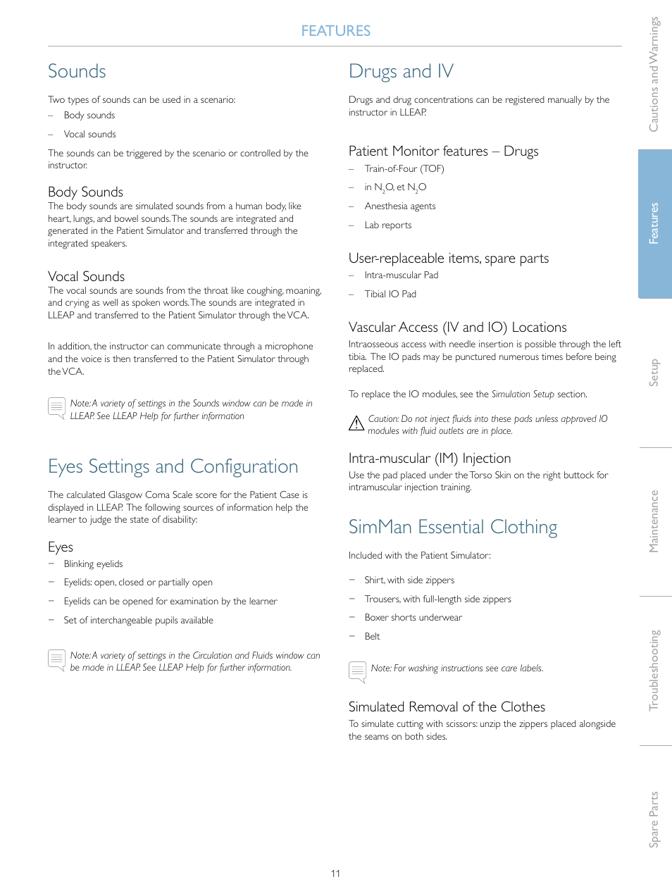 Sounds, Eyes settings and configuration, Drugs and iv | Simman essential clothing, Features, Body sounds, Vocal sounds, Eyes, Patient monitor features – drugs, User-replaceable items, spare parts | Laerdal SimMan Essential User Manual | Page 11 / 40