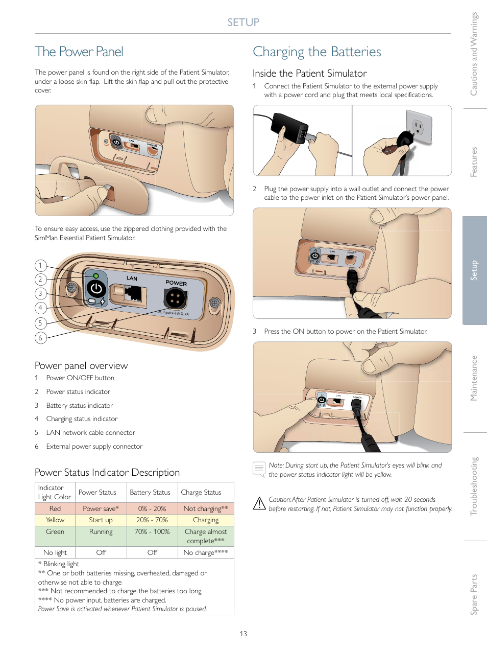 The power panel, Charging the batteries, Setup | Power panel overview, Power status indicator description, Inside the patient simulator | Laerdal SimMan Essential User Manual | Page 13 / 40