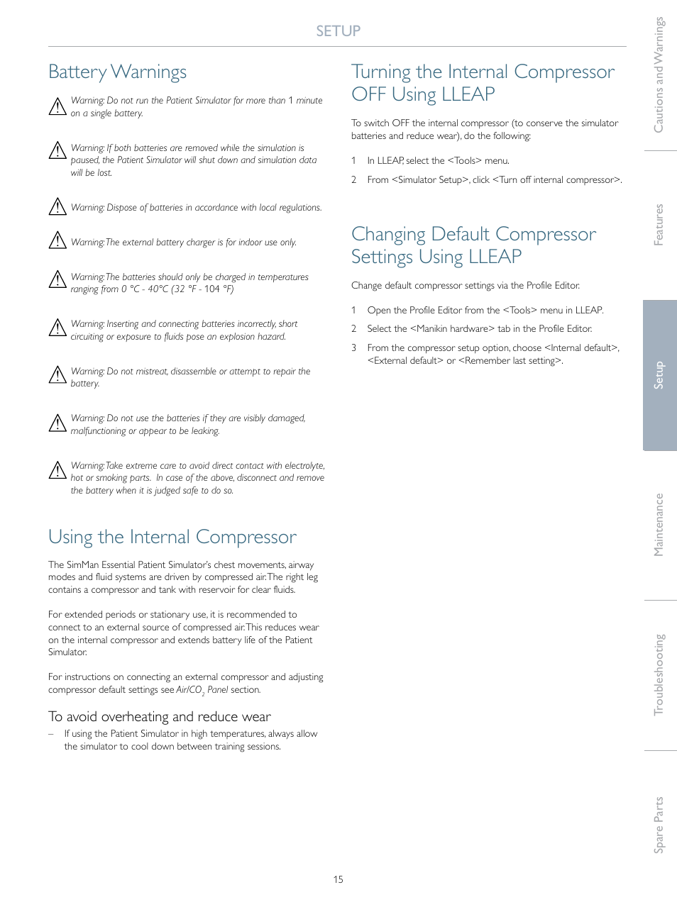 Battery warnings, Using the internal compressor, Turning the internal compressor off using lleap | Changing default compressor settings using lleap, Setup | Laerdal SimMan Essential User Manual | Page 15 / 40