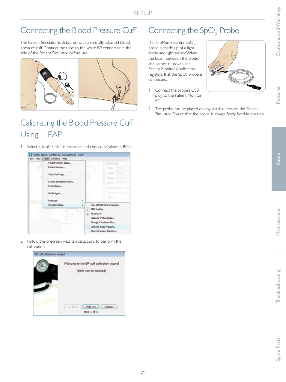 Connecting the blood pressure cuff, Calibrating the blood pressure cuff using lleap, Connecting the spo | Probe, Setup | Laerdal SimMan Essential User Manual | Page 21 / 40