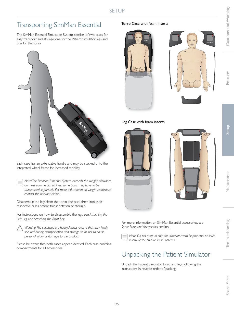Transporting simman essential, Unpacking the patient simulator, Setup | Laerdal SimMan Essential User Manual | Page 25 / 40