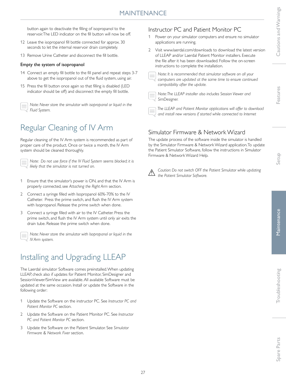 Regular cleaning of iv arm, Installing and upgrading lleap, Maintenance | Instructor pc and patient monitor pc, Simulator firmware & network wizard | Laerdal SimMan Essential User Manual | Page 27 / 40