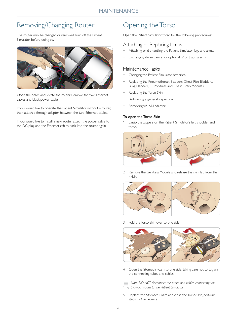 Removing/changing router, Opening the torso, Maintenance | Attaching or replacing limbs, Maintenance tasks | Laerdal SimMan Essential User Manual | Page 28 / 40