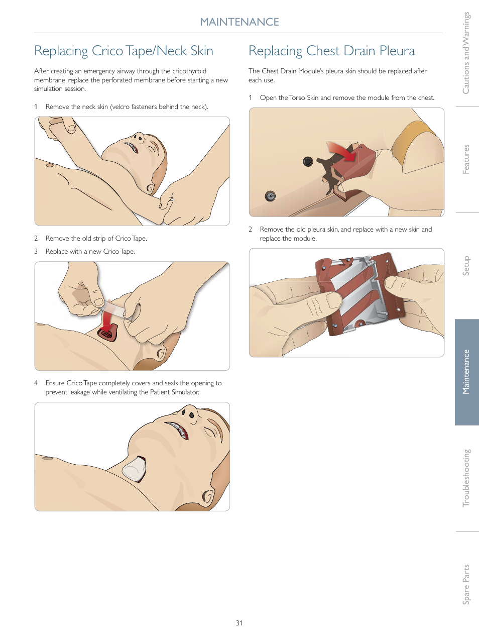 Replacing crico tape/neck skin, Replacing chest drain pleura, Maintenance | Laerdal SimMan Essential User Manual | Page 31 / 40