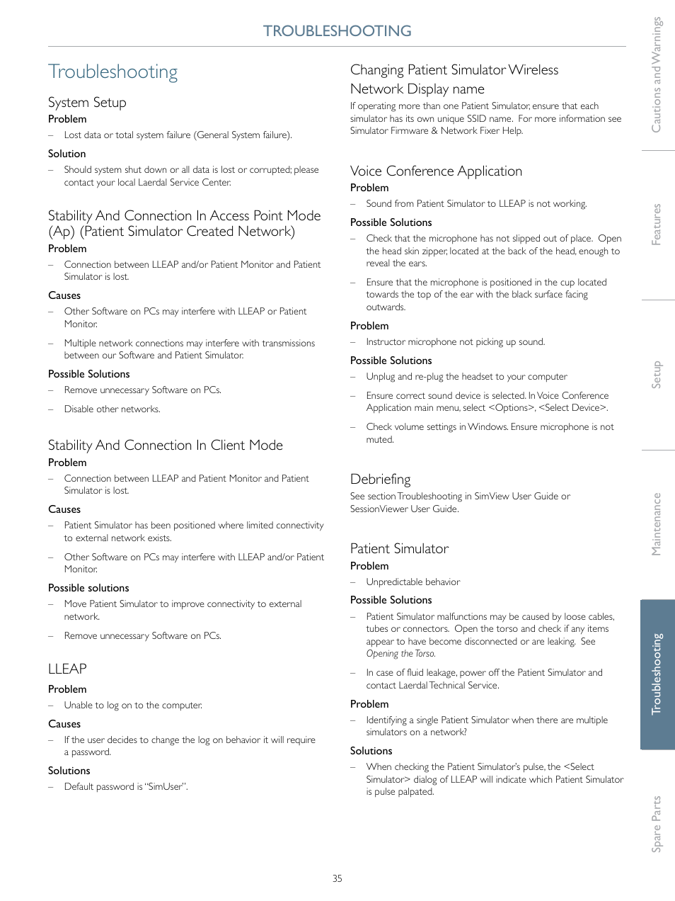 Troubleshooting, System setup, Stability and connection in client mode | Lleap, Voice conference application, Debriefing, Patient simulator | Laerdal SimMan Essential User Manual | Page 35 / 40