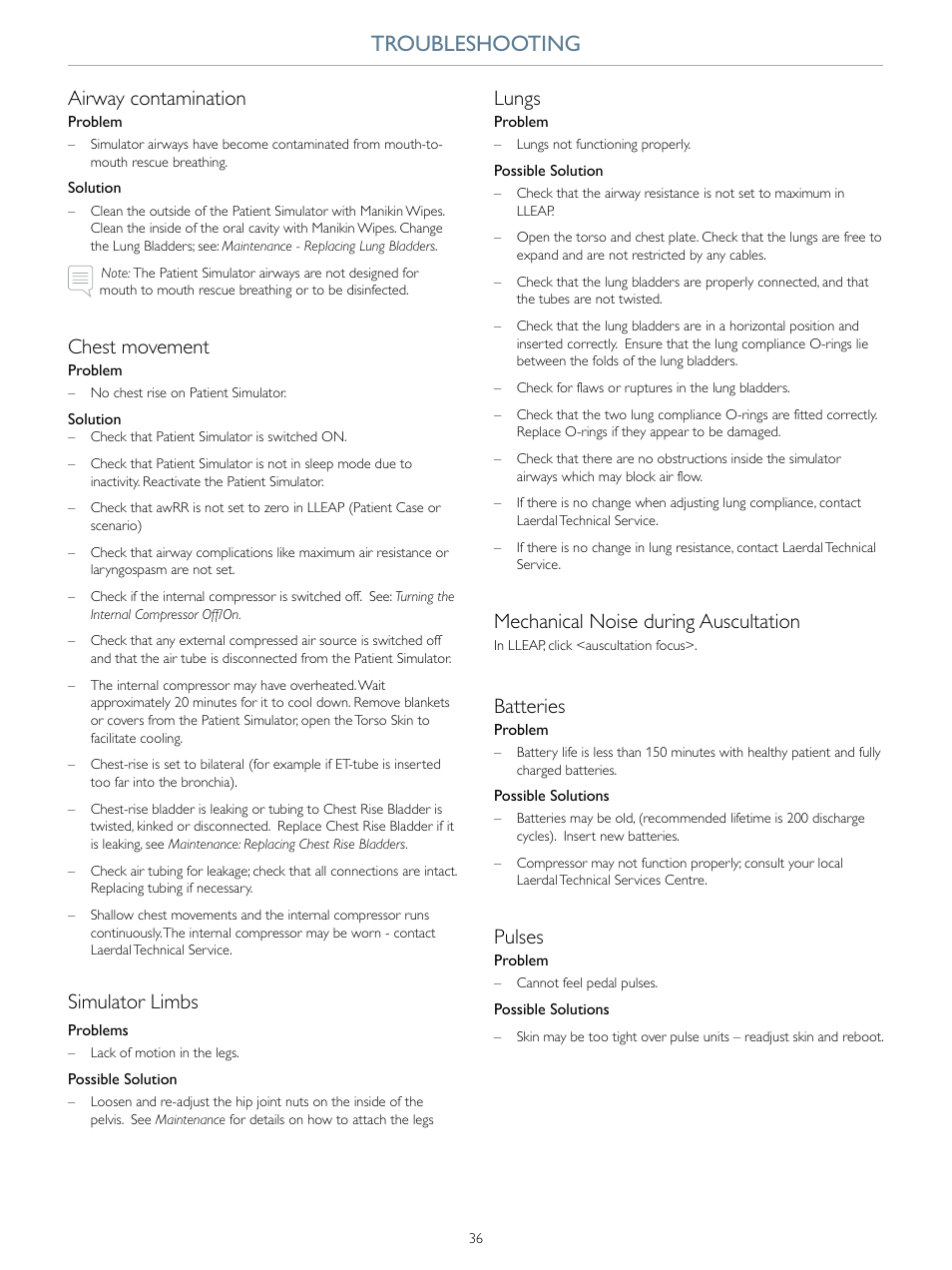Troubleshooting, Airway contamination, Chest movement | Simulator limbs, Lungs, Mechanical noise during auscultation, Batteries, Pulses | Laerdal SimMan Essential User Manual | Page 36 / 40