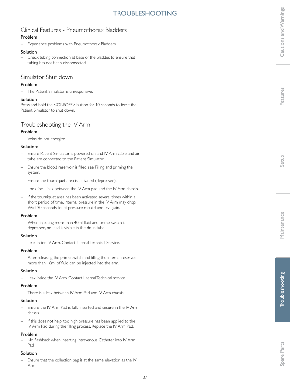 Troubleshooting, Clinical features - pneumothorax bladders, Simulator shut down | Troubleshooting the iv arm | Laerdal SimMan Essential User Manual | Page 37 / 40