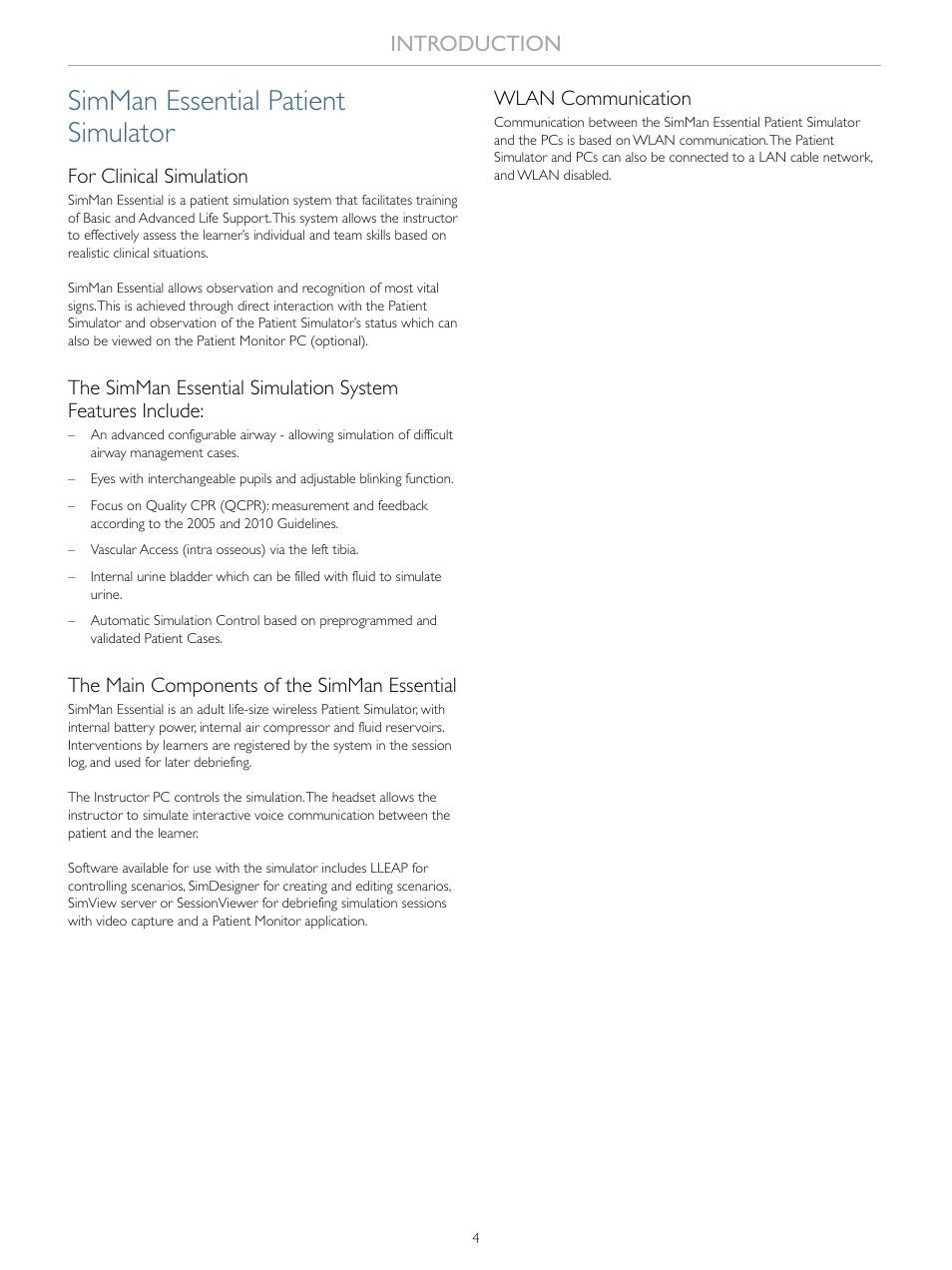 Simman essential patient simulator, Introduction, For clinical simulation | The main components of the simman essential, Wlan communication | Laerdal SimMan Essential User Manual | Page 4 / 40