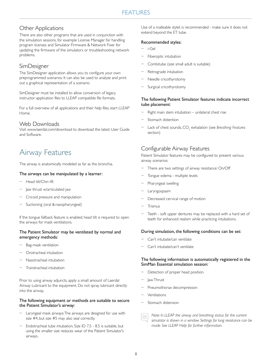 Airway features, Features, Other applications | Simdesigner, Web downloads, Configurable airway features | Laerdal SimMan Essential User Manual | Page 8 / 40