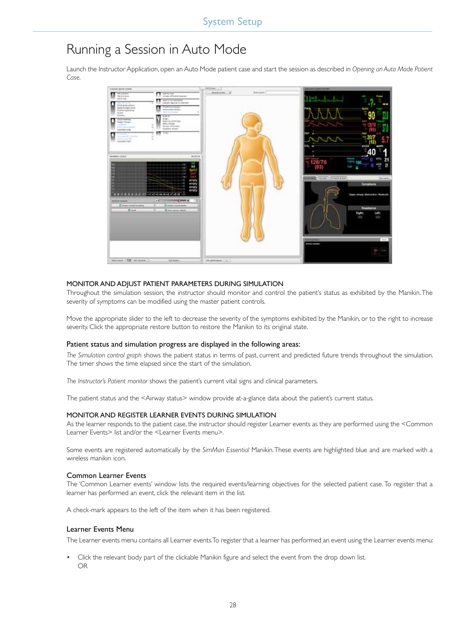 Running a session in auto mode, System setup | Laerdal SimMan Essential User Manual | Page 28 / 76