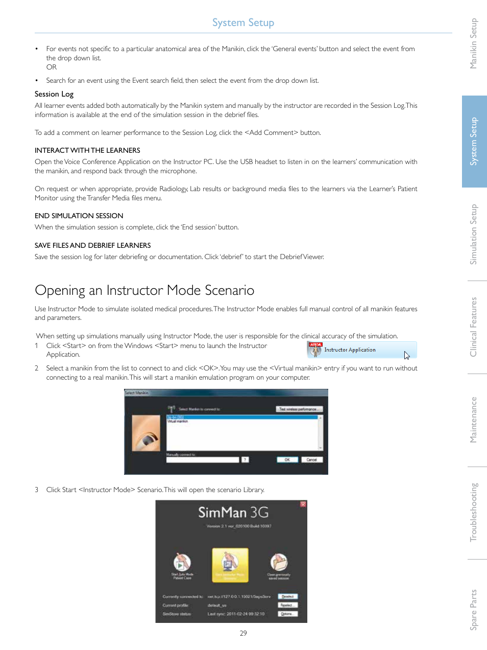 Opening an instructor mode scenario, System setup | Laerdal SimMan Essential User Manual | Page 29 / 76