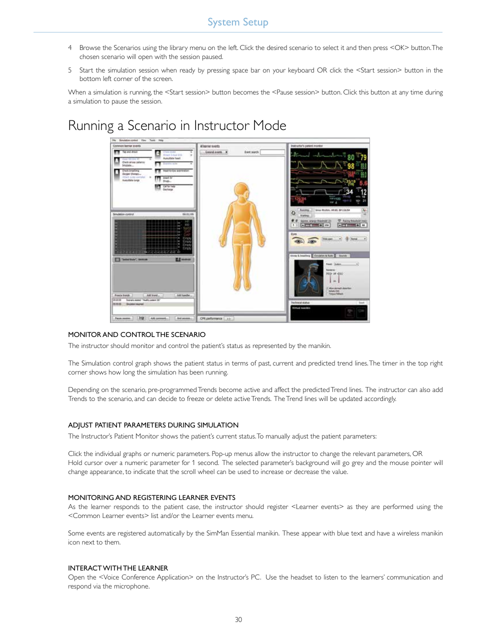 Running a scenario in instructor mode, System setup | Laerdal SimMan Essential User Manual | Page 30 / 76