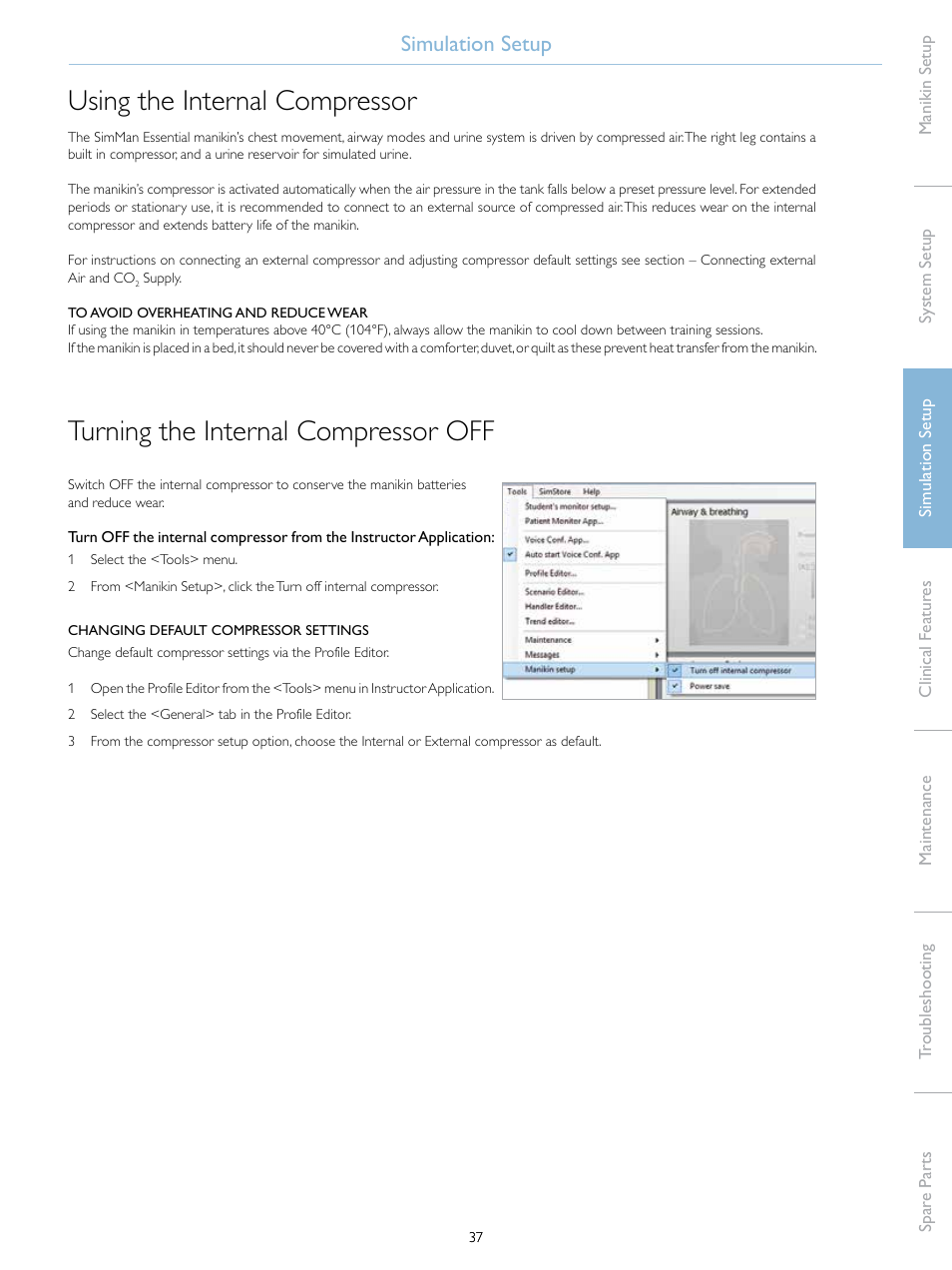 Using the internal compressor, Turning the internal compressor off | Laerdal SimMan Essential User Manual | Page 37 / 76