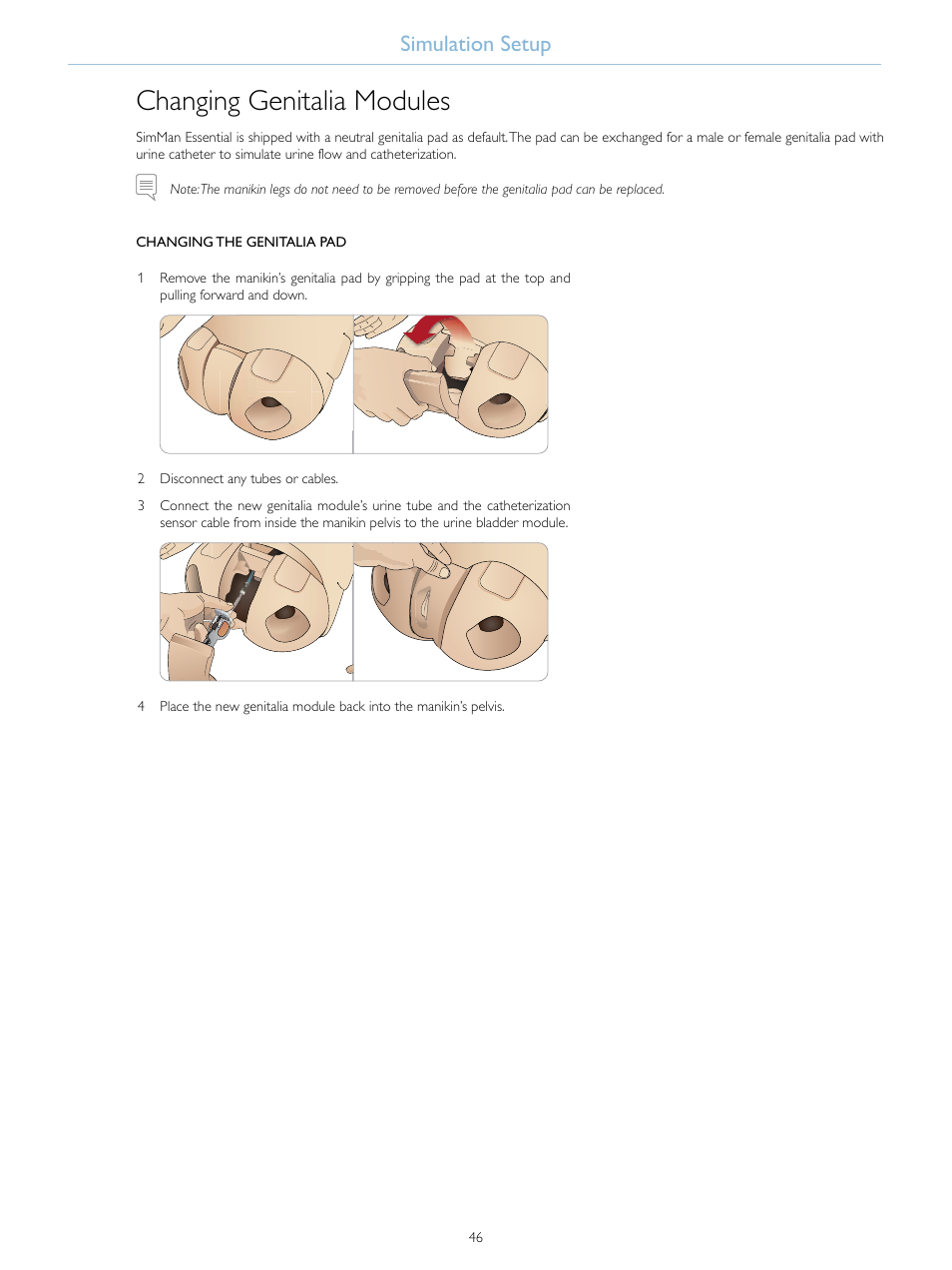 Changing genitalia modules, Simulation setup | Laerdal SimMan Essential User Manual | Page 46 / 76