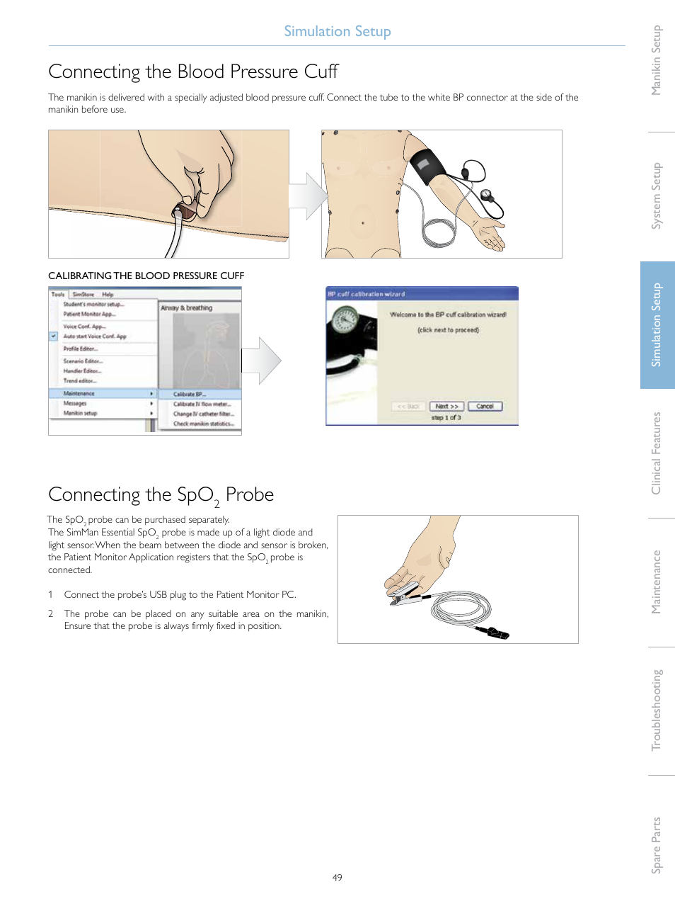 Connecting the blood pressure cuff, Connecting the spo, Probe | Simulation setup | Laerdal SimMan Essential User Manual | Page 49 / 76