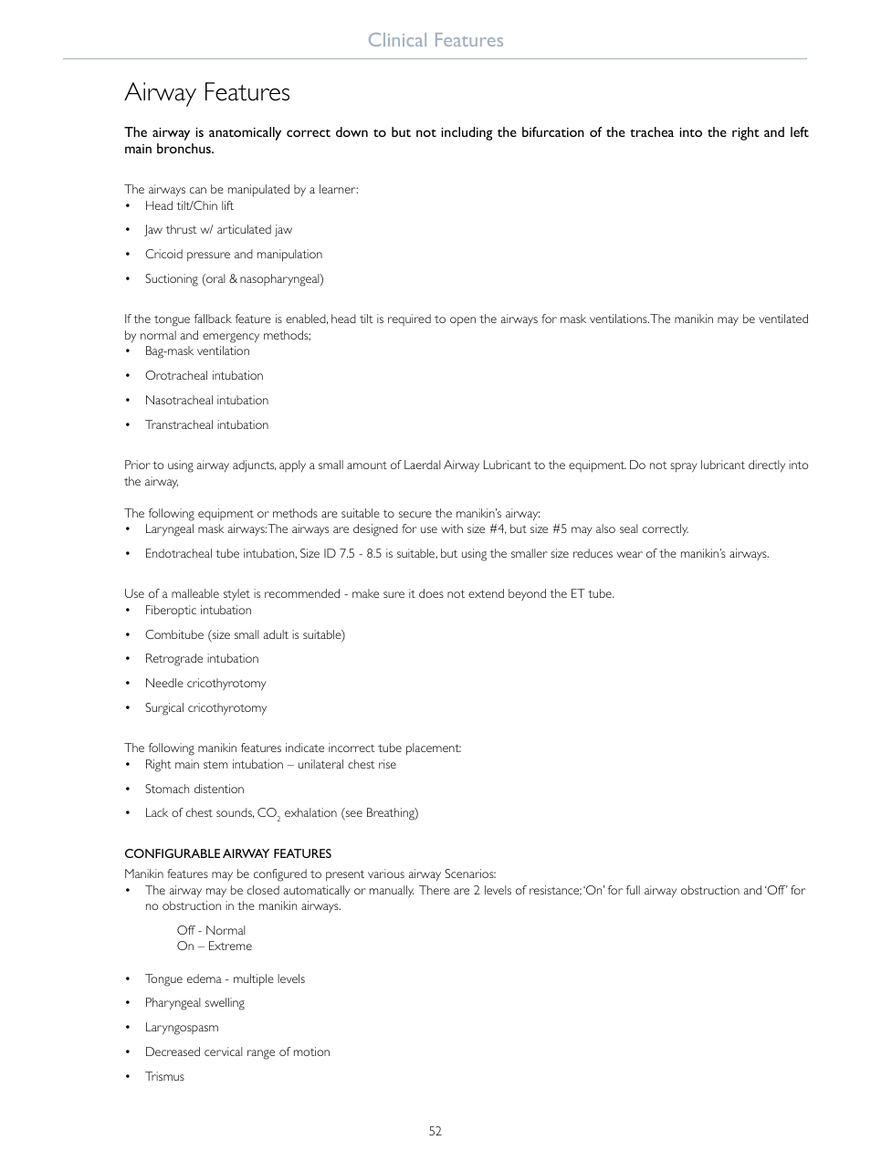 Airway features, Clinical features | Laerdal SimMan Essential User Manual | Page 52 / 76