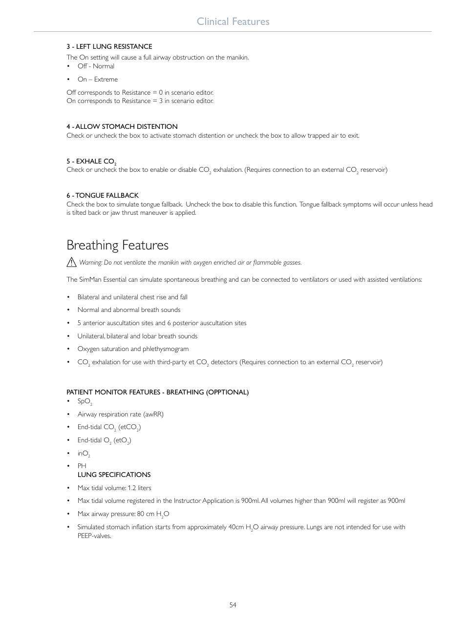 Breathing features, Clinical features | Laerdal SimMan Essential User Manual | Page 54 / 76