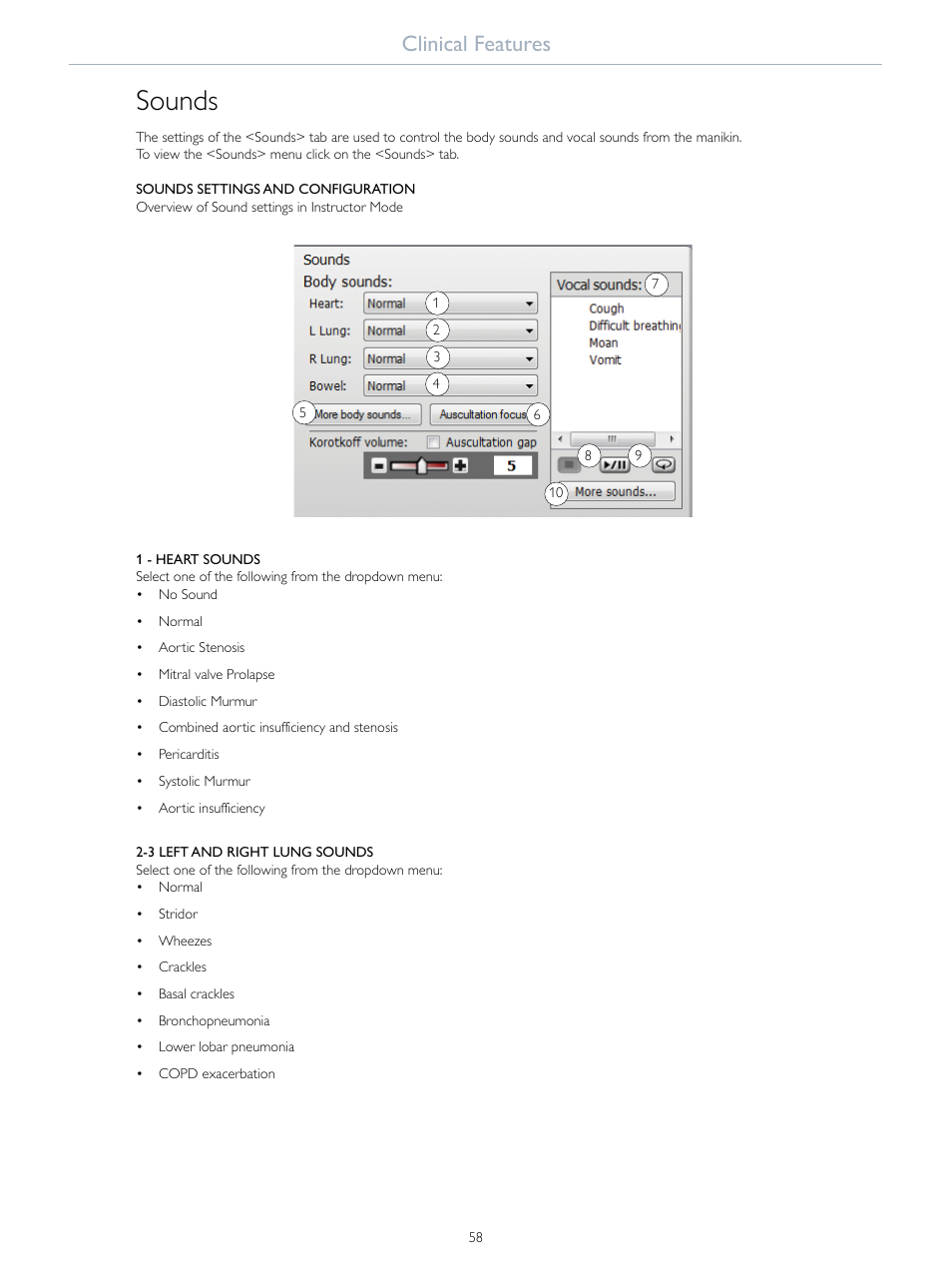 Sounds, Clinical features | Laerdal SimMan Essential User Manual | Page 58 / 76