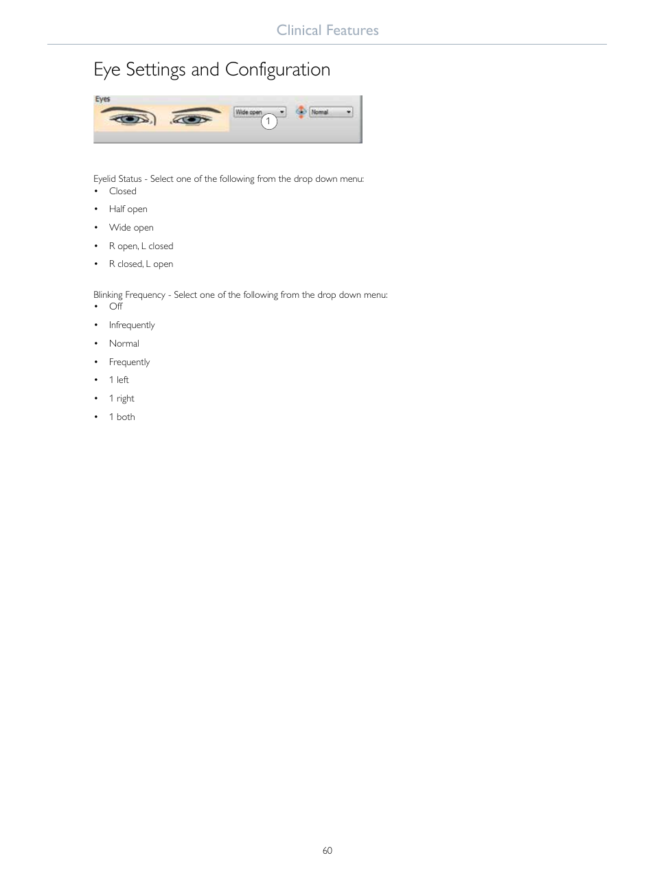Eye settings and configuration, Clinical features | Laerdal SimMan Essential User Manual | Page 60 / 76