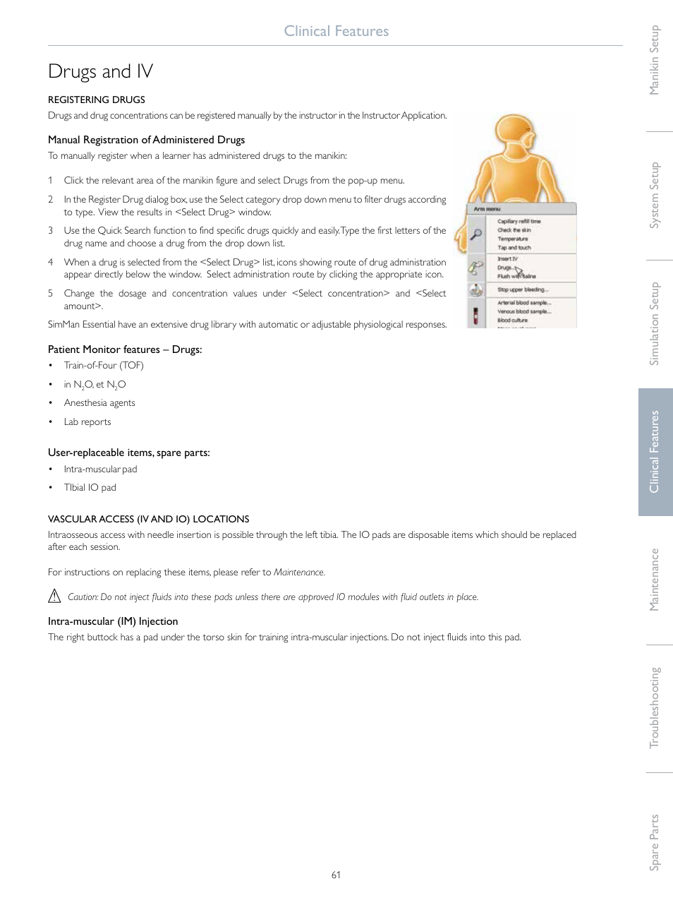Drugs and iv, Clinical features | Laerdal SimMan Essential User Manual | Page 61 / 76