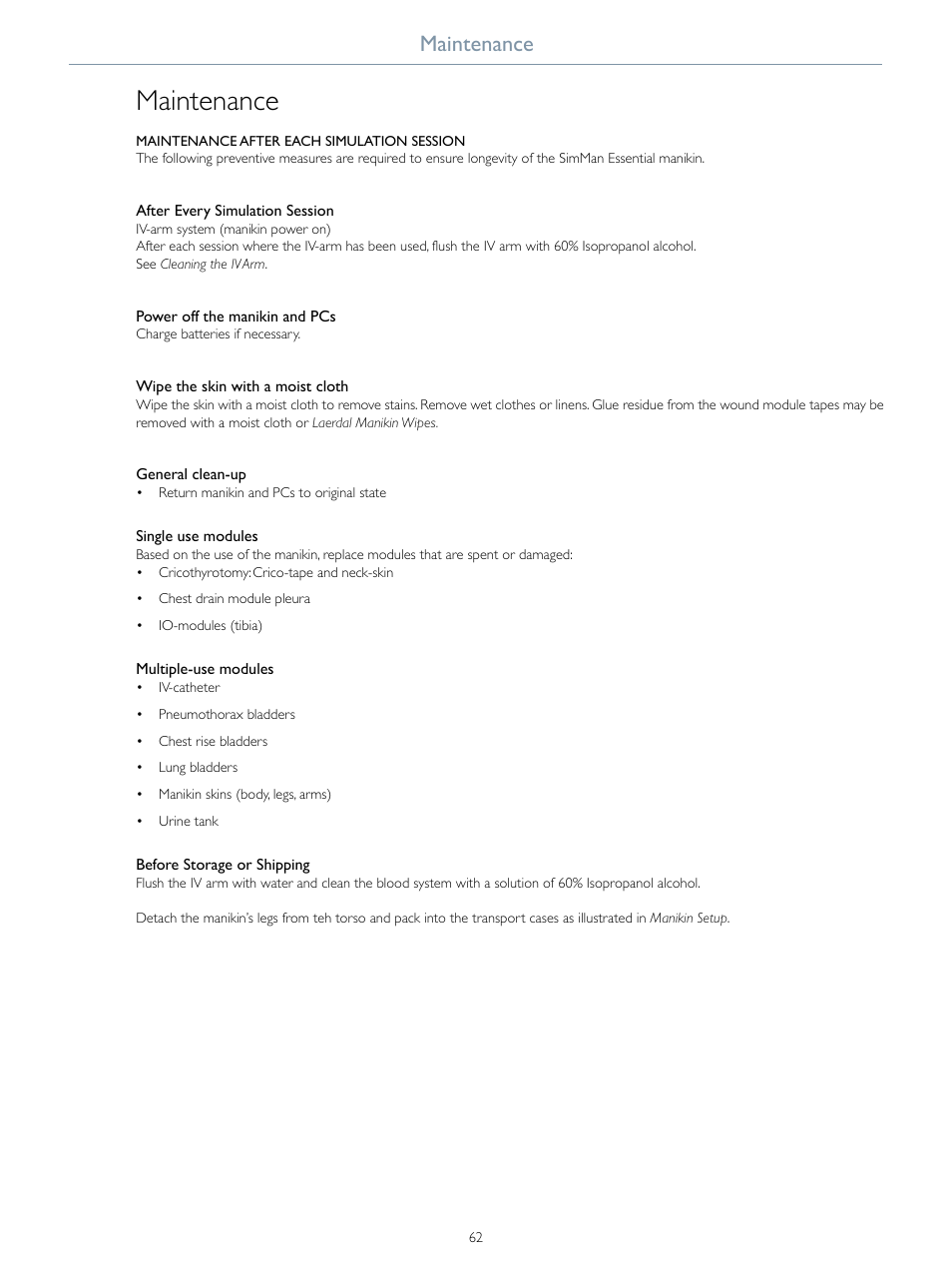 Maintenance | Laerdal SimMan Essential User Manual | Page 62 / 76
