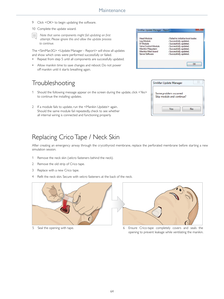 Troubleshooting, Replacing crico tape / neck skin, Maintenance | Laerdal SimMan Essential User Manual | Page 64 / 76