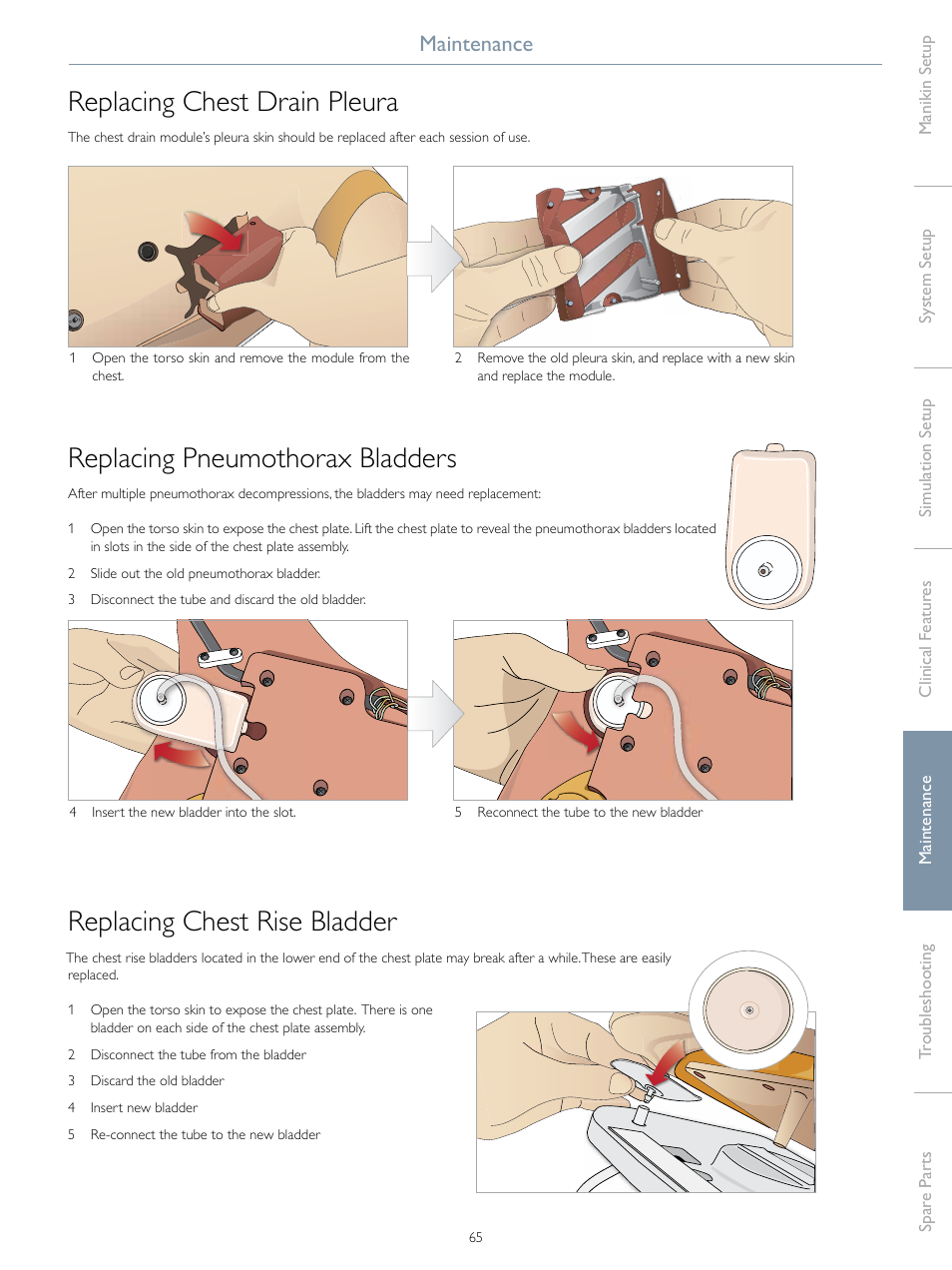 Replacing chest drain pleura, Replacing pneumothorax bladders, Replacing chest rise bladder | Maintenance | Laerdal SimMan Essential User Manual | Page 65 / 76
