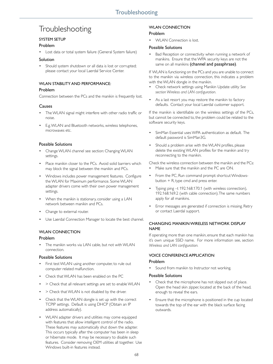 Troubleshooting | Laerdal SimMan Essential User Manual | Page 68 / 76