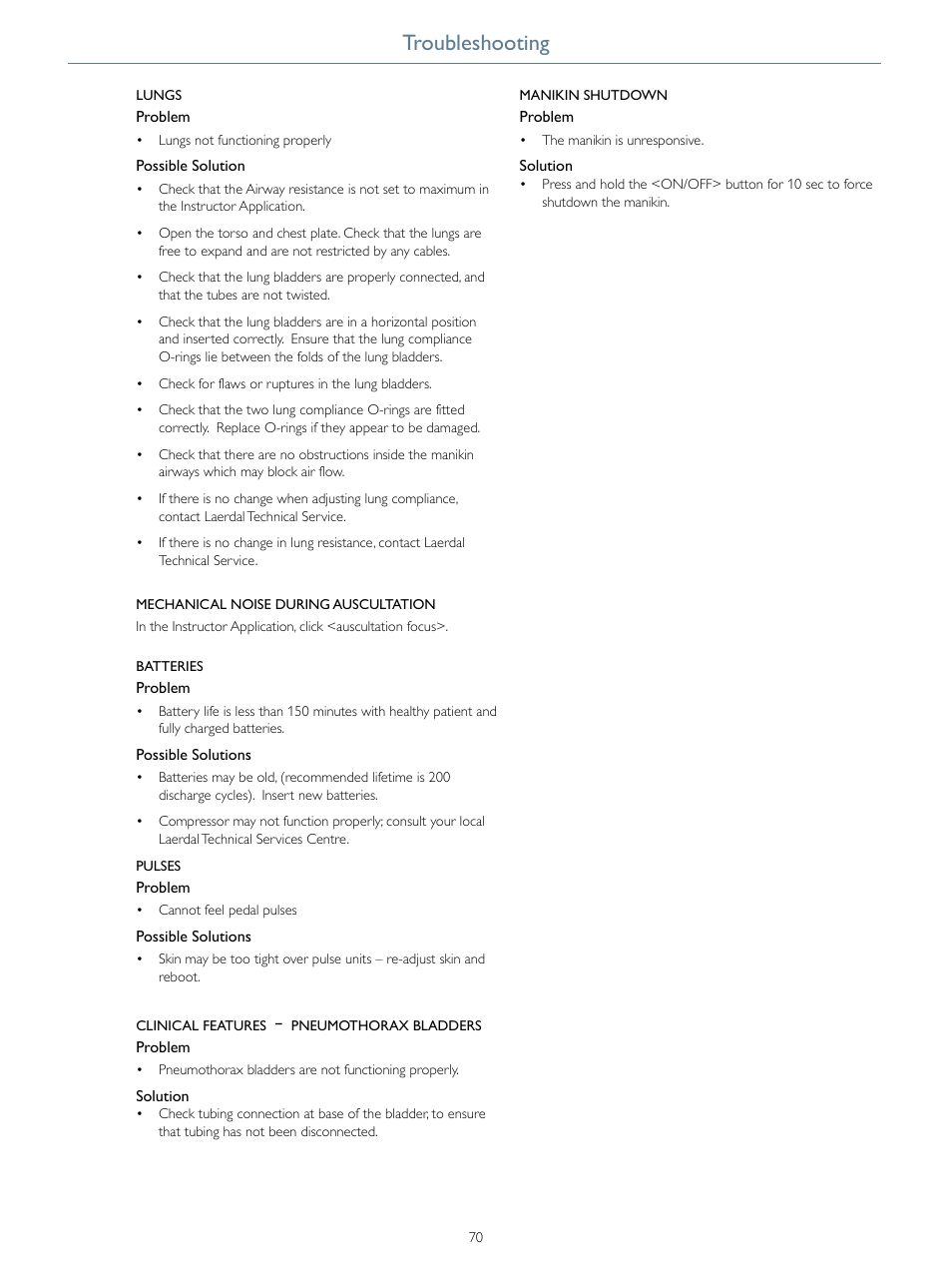 Troubleshooting | Laerdal SimMan Essential User Manual | Page 70 / 76