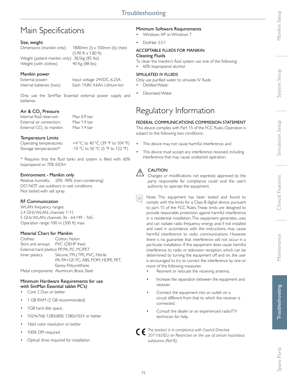 Main specifications, Regulatory information, Troubleshooting | Laerdal SimMan Essential User Manual | Page 71 / 76