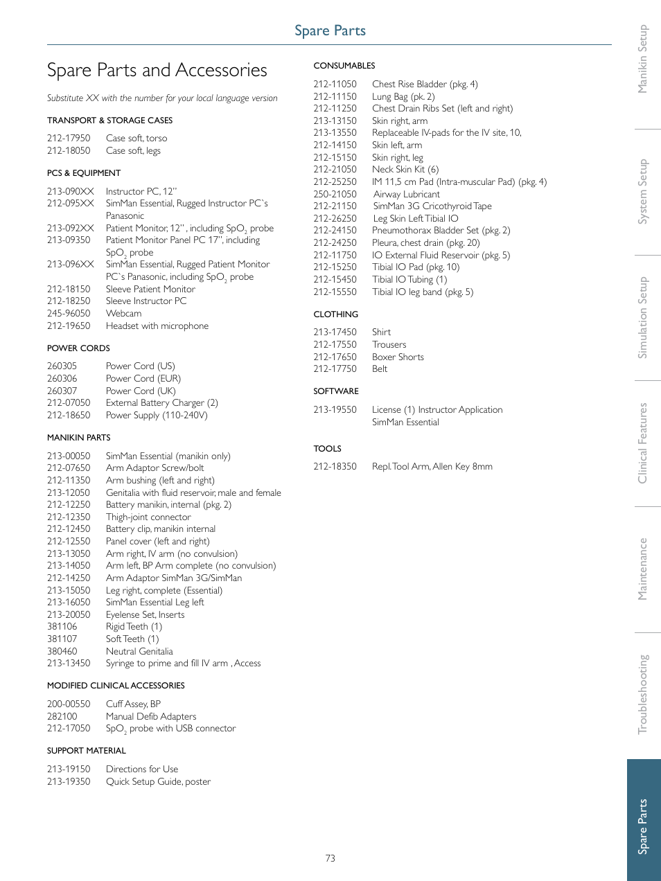 Spare parts and accessories, Spare parts | Laerdal SimMan Essential User Manual | Page 73 / 76