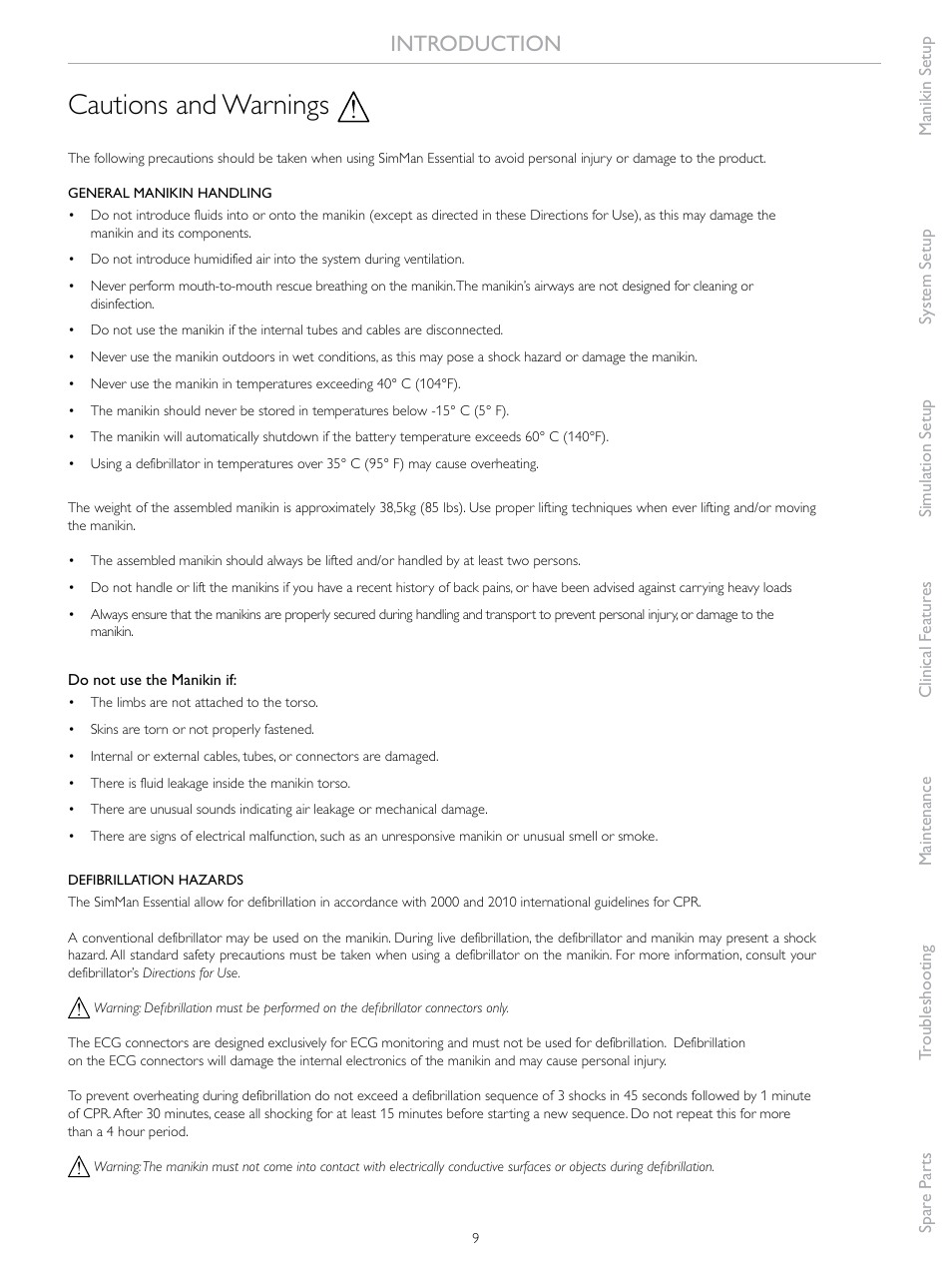 Cautions and warnings, Introduction | Laerdal SimMan Essential User Manual | Page 9 / 76
