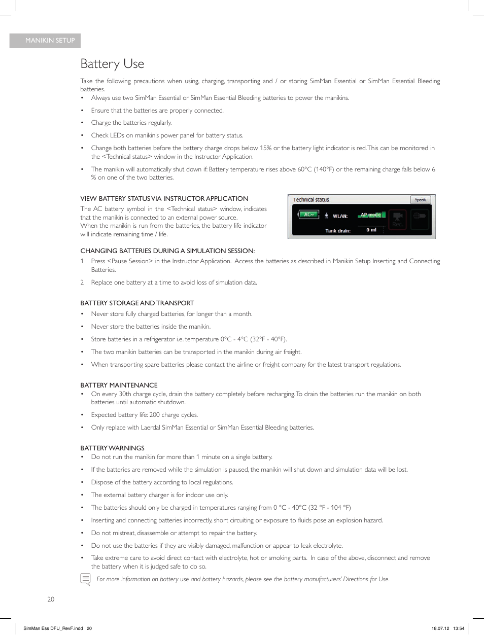 Battery use | Laerdal SimMan Essential User Manual | Page 20 / 84