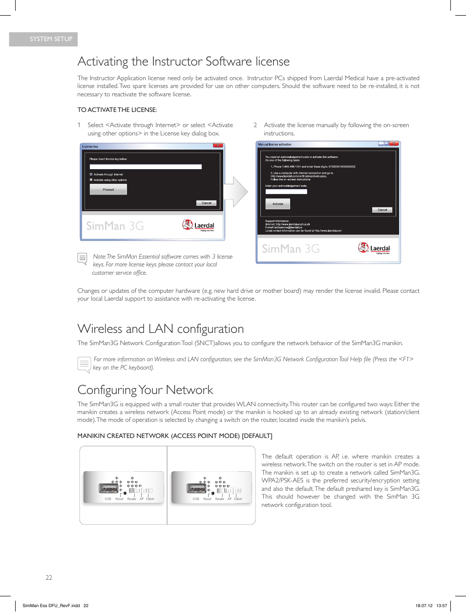 Activating the instructor software license, Wireless and lan configuration, Configuring your network | Laerdal SimMan Essential User Manual | Page 22 / 84