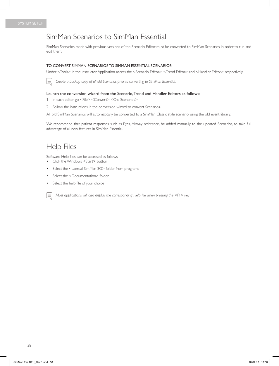 Simman scenarios to simman essential, Help files | Laerdal SimMan Essential User Manual | Page 38 / 84